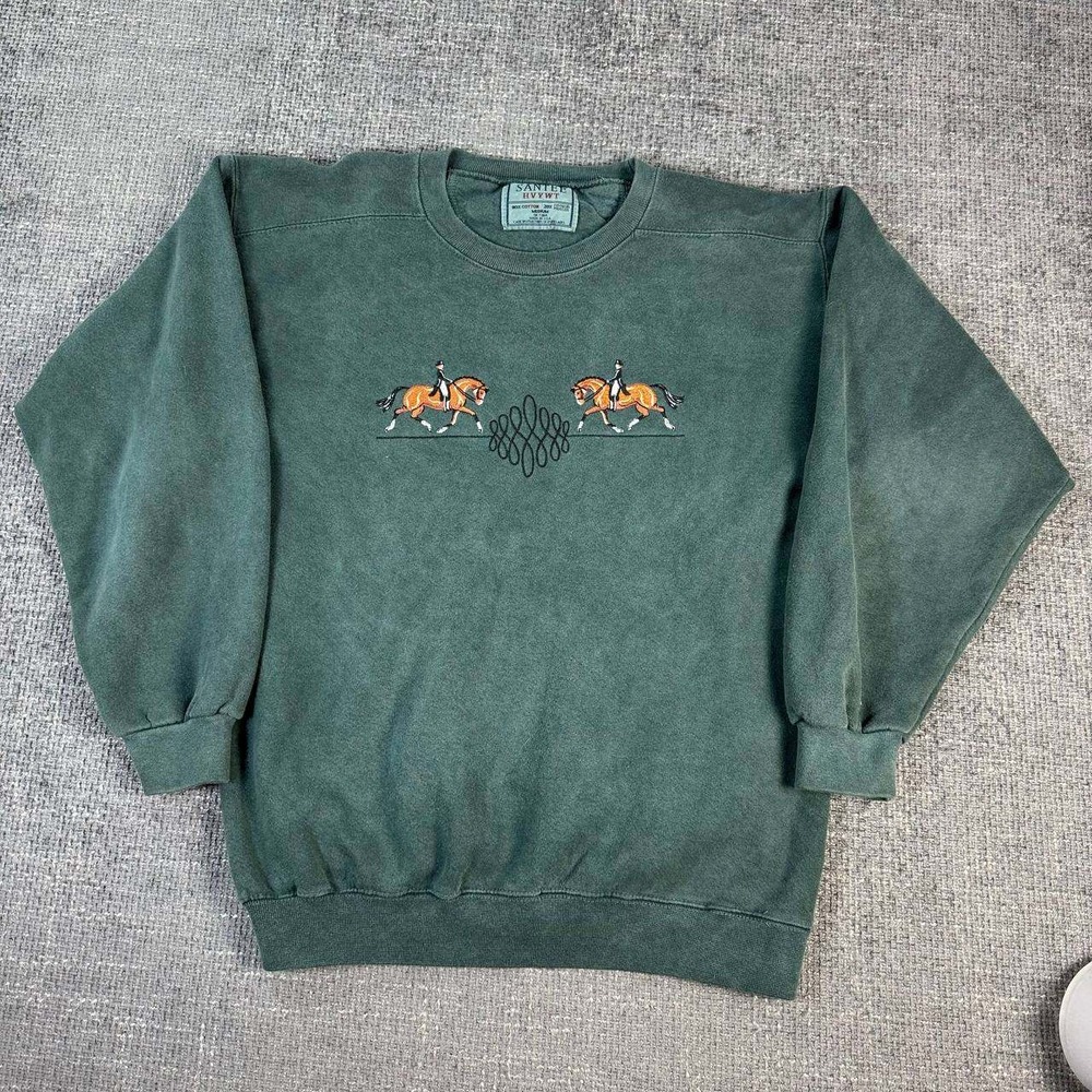 Vintage Santee HVYWT Horse Embroidery Sweatshirt Unisex Medium Green 90s USA
